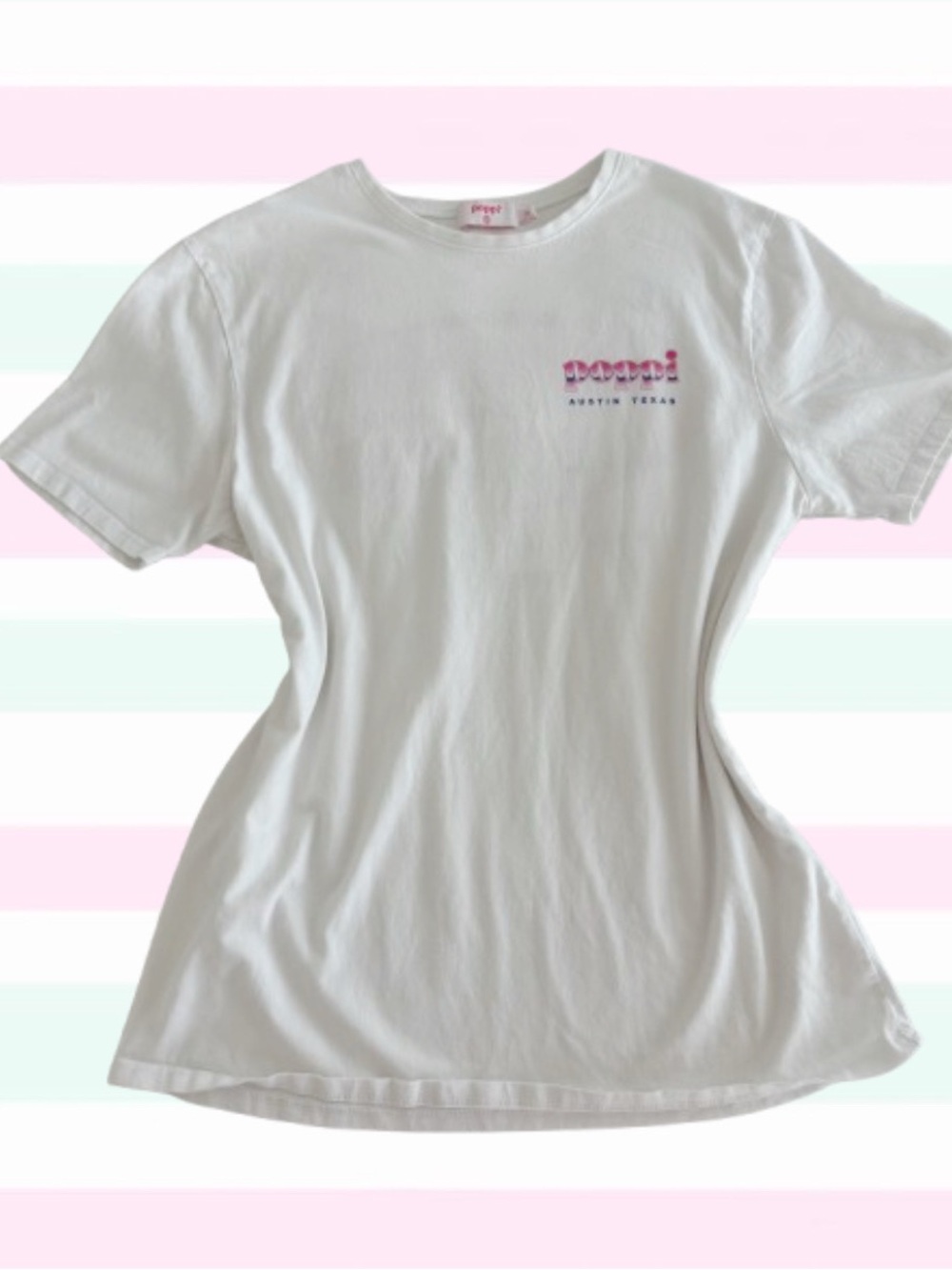 poppi x target logo white short sleeve tee with pink and purple accents 👼🏼